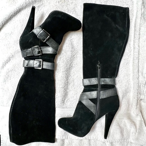 ALDO black suede knee strappy buckle heel boots women size 36 - Picture 1 of 8